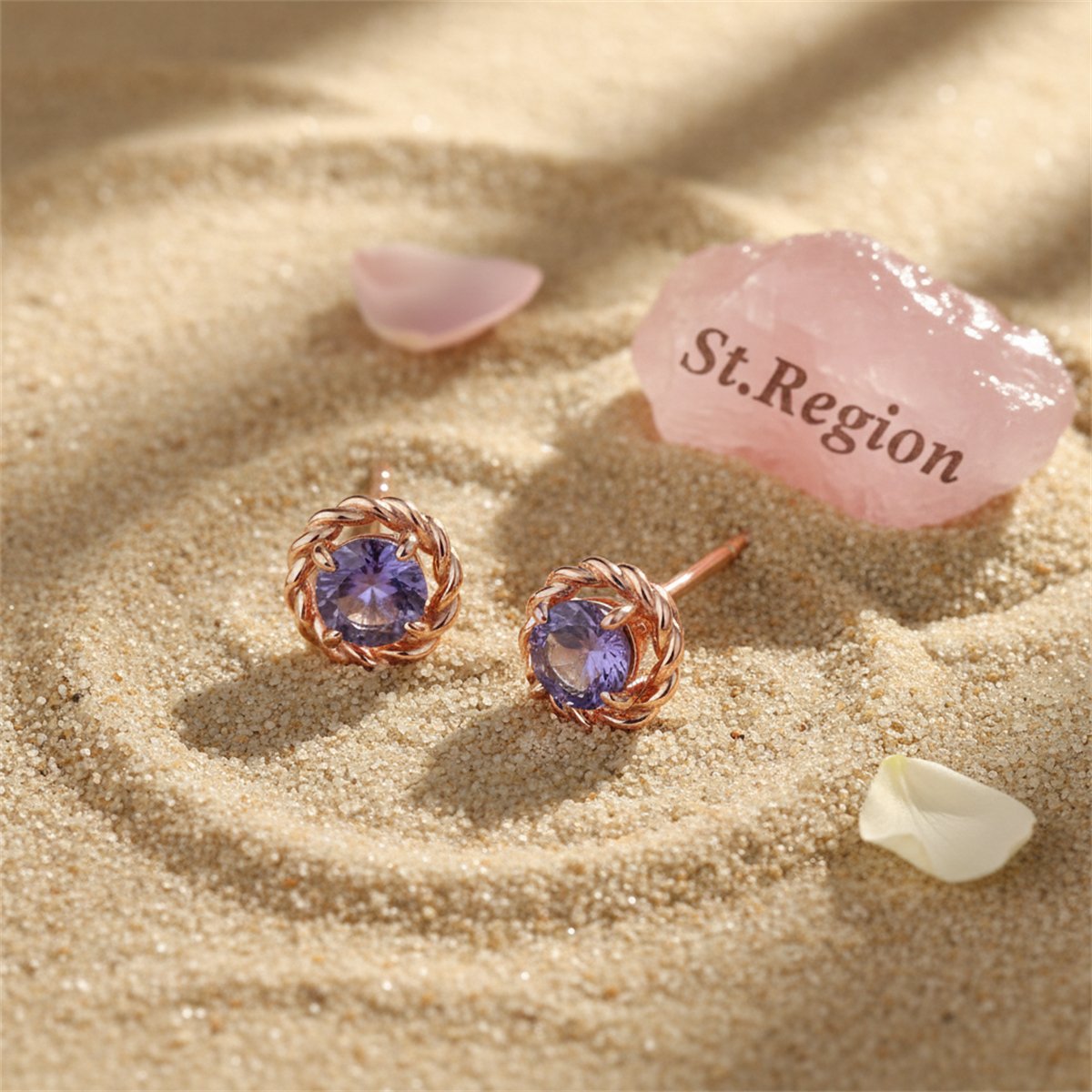 Purple Crystal and 18K Rose Gold-Plated Twist Stud Earrings, cubic zirconia stud earrings for women, detail close-up