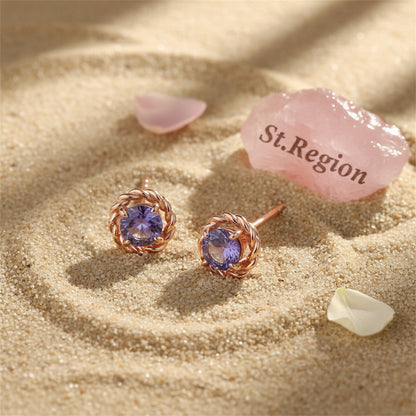 Purple Crystal and 18K Rose Gold-Plated Twist Stud Earrings, cubic zirconia stud earrings for women, detail close-up