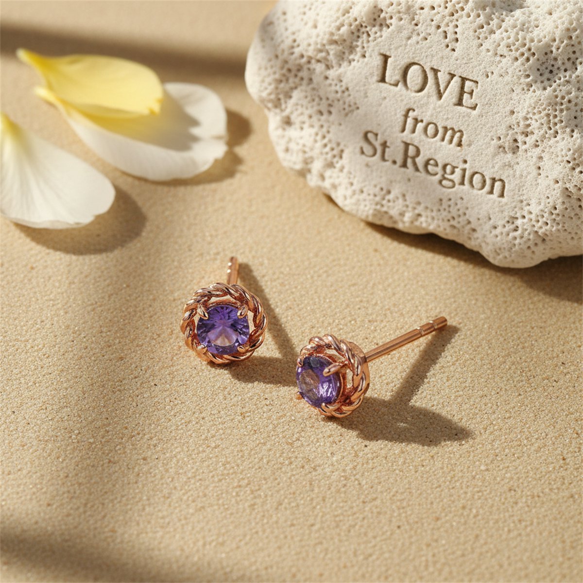 Purple Crystal and 18K Rose Gold-Plated Twist Stud Earrings, cubic zirconia stud earrings for women, lifestyle look