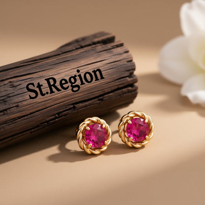 Red Crystal and 18K Rose Gold-Plated Twist Stud Earrings, cubic zirconia stud earrings for women, front view