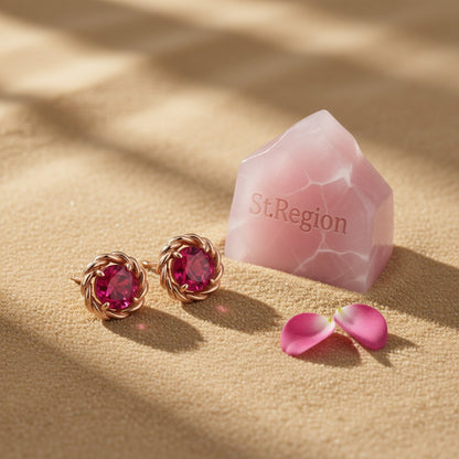 Red Crystal and 18K Rose Gold-Plated Twist Stud Earrings, cubic zirconia stud earrings for women, detail close-up
