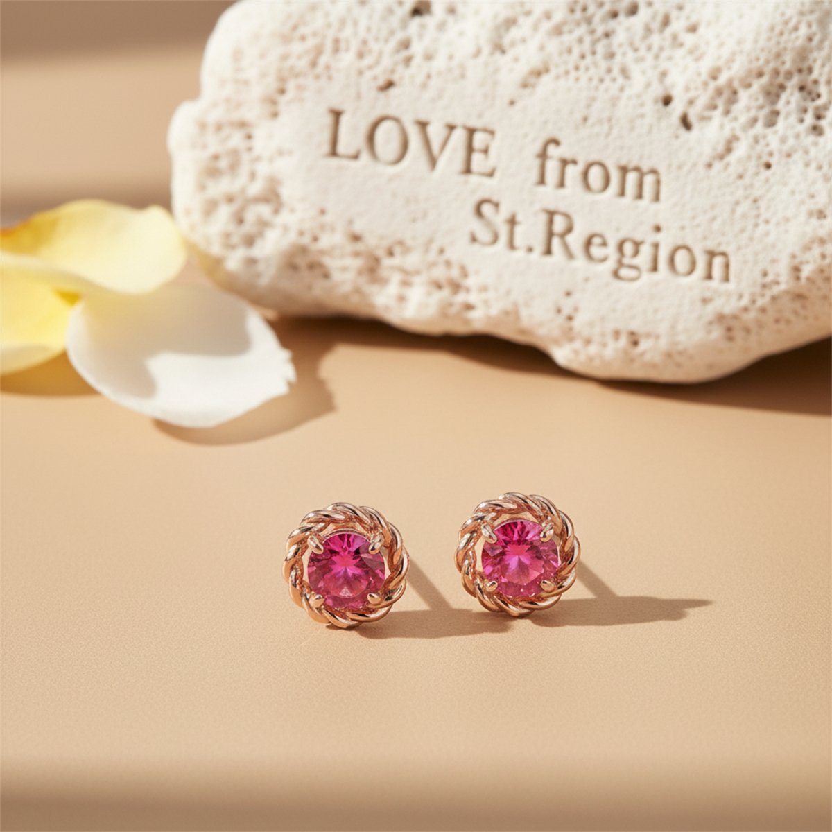 Red Crystal and 18K Rose Gold-Plated Twist Stud Earrings, cubic zirconia stud earrings for women, lifestyle look