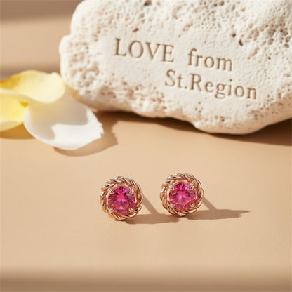 Red Crystal and 18K Rose Gold-Plated Twist Stud Earrings, cubic zirconia stud earrings for women, lifestyle look