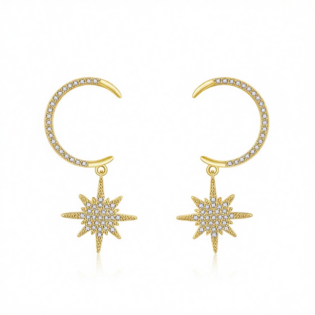 Cubic Zirconia and 18K Gold-Plated Star Under Moon Drop Earrings, gold drop earrings for women, everyday style, side view