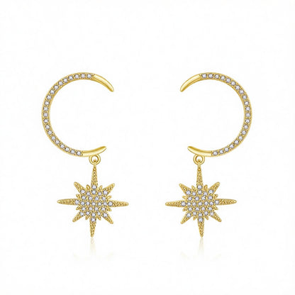 Cubic Zirconia and 18K Gold-Plated Star Under Moon Drop Earrings, gold drop earrings for women, everyday style, side view