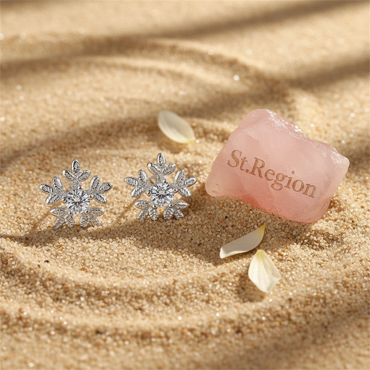 Cubic Zirconia and Silver-Plated Brushed Snowflake Stud Earrings, silver stud earrings for women, detail close-up