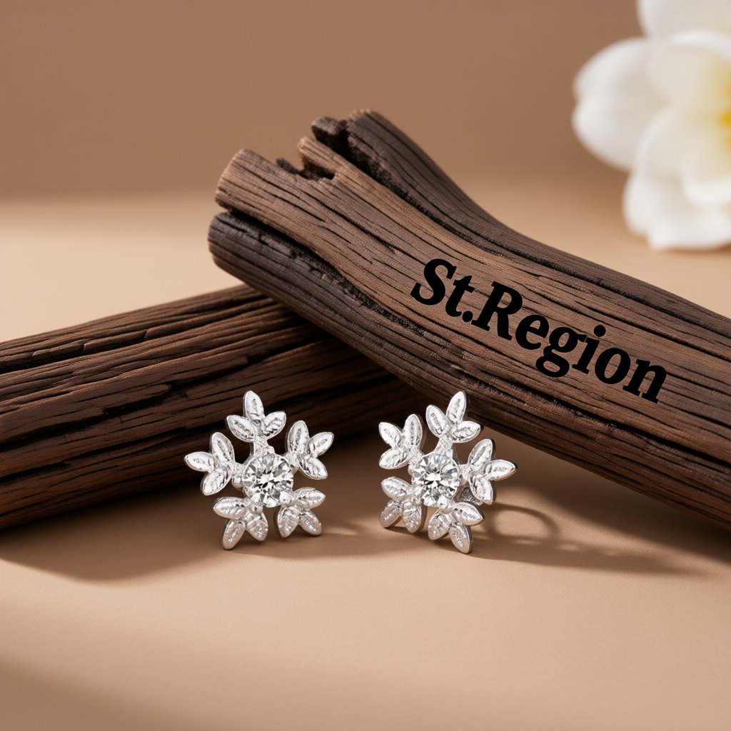 Cubic Zirconia and Silver-Plated Brushed Snowflake Stud Earrings, silver stud earrings for women, everyday style, front view