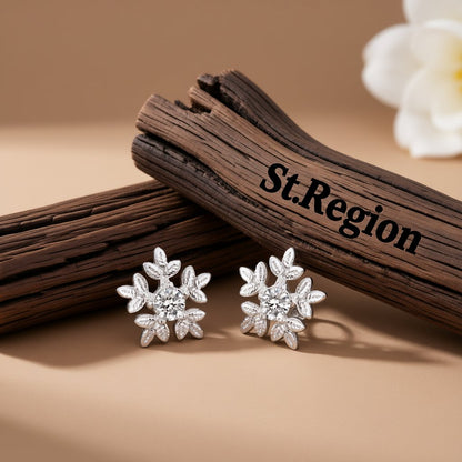 Cubic Zirconia and Silver-Plated Brushed Snowflake Stud Earrings, silver stud earrings for women, everyday style, front view