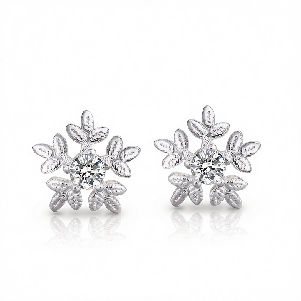 Cubic Zirconia and Silver-Plated Brushed Snowflake Stud Earrings, silver stud earrings for women, everyday style, side view