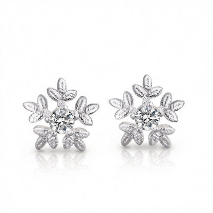 Cubic Zirconia and Silver-Plated Brushed Snowflake Stud Earrings, silver stud earrings for women, everyday style, side view