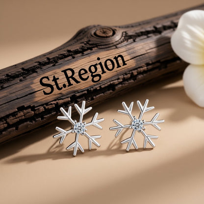 Cubic Zirconia and Silver-Plated Polished Snowflake Stud Earrings, silver stud earrings for women, front view