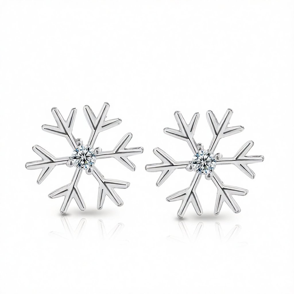 Cubic Zirconia and Silver-Plated Polished Snowflake Stud Earrings, silver stud earrings for women, side view