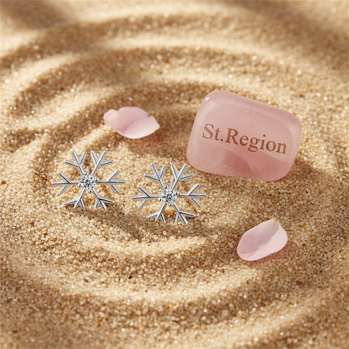Cubic Zirconia and Silver-Plated Polished Snowflake Stud Earrings, silver stud earrings for women, detail close-up