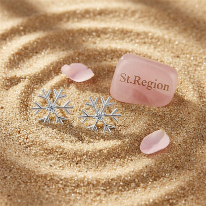 Cubic Zirconia and Silver-Plated Polished Snowflake Stud Earrings, silver stud earrings for women, detail close-up