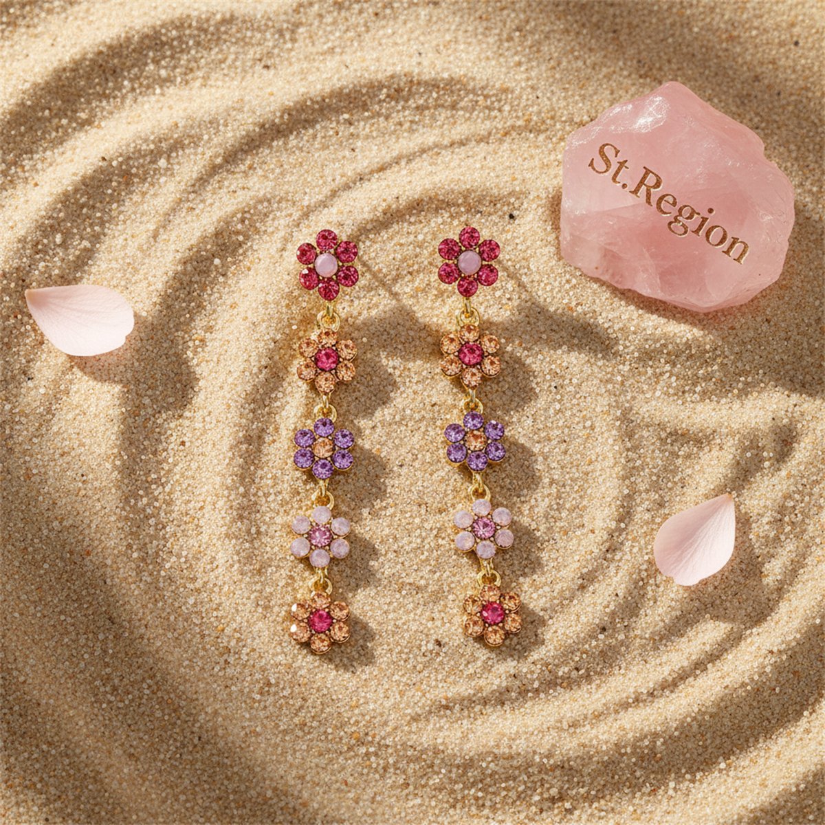 Pink Cubic Zirconia and 18K Gold-Plated Floral Drop Earrings, gold drop earrings for women, detail close-up