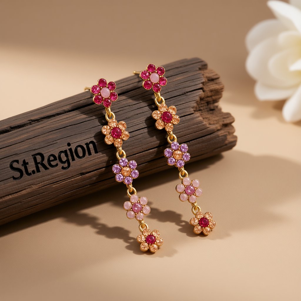 Pink Cubic Zirconia and 18K Gold-Plated Floral Drop Earrings, gold drop earrings for women, front view