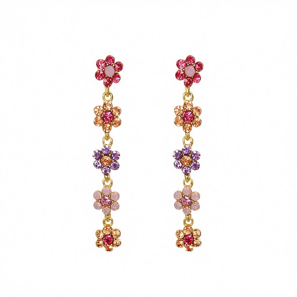 Pink Cubic Zirconia and 18K Gold-Plated Floral Drop Earrings, gold drop earrings for women, side view