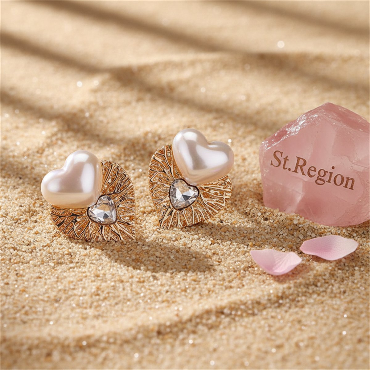 Crystal and Pearl 18K Gold-Plated Heart Stud Earrings, gold stud earrings for women, elegant gift for her, detail close-up