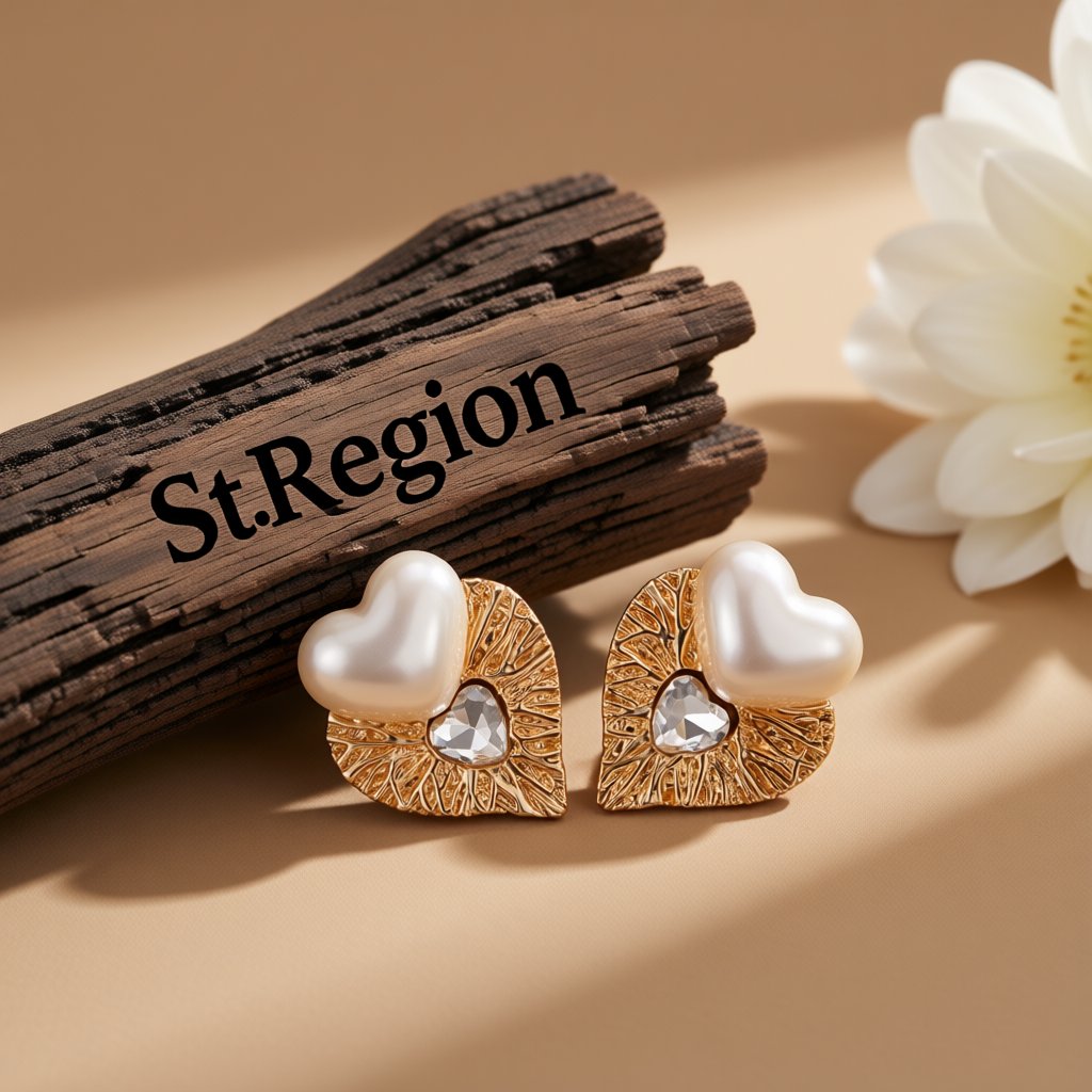 Crystal and Pearl 18K Gold-Plated Heart Stud Earrings, gold stud earrings for women, elegant gift for her, front view