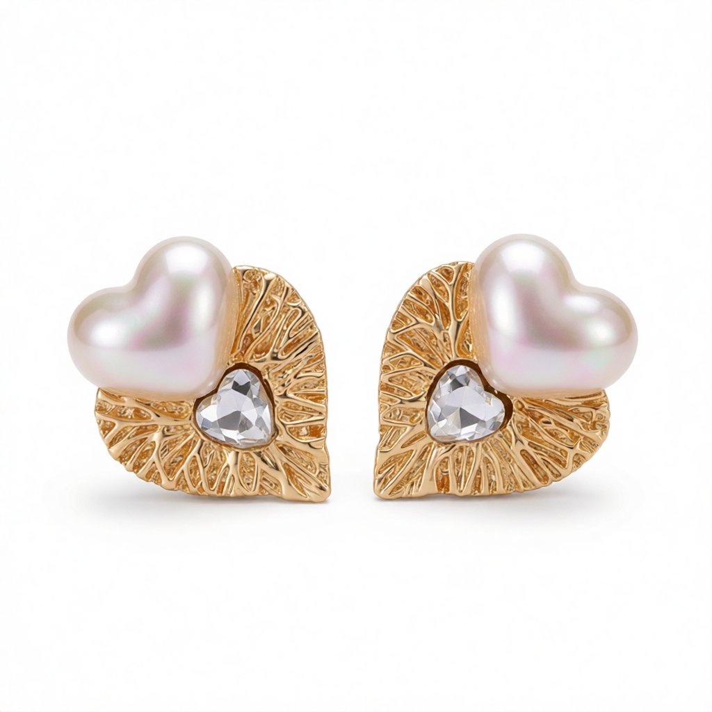 Crystal and Pearl 18K Gold-Plated Heart Stud Earrings, gold stud earrings for women, elegant gift for her, side view