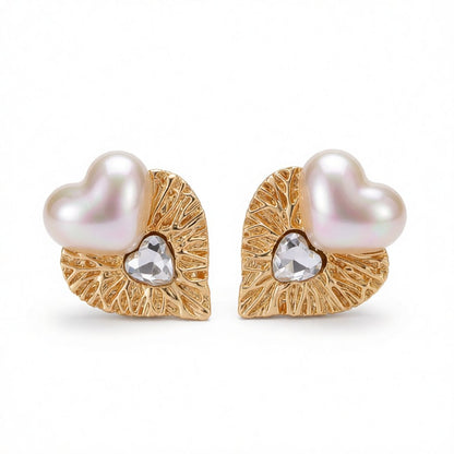 Crystal and Pearl 18K Gold-Plated Heart Stud Earrings, gold stud earrings for women, elegant gift for her, side view