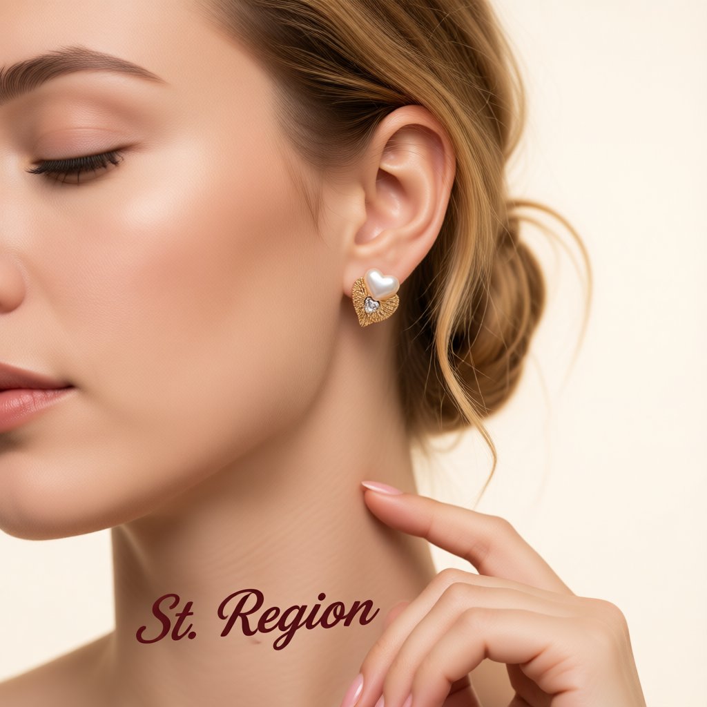 Crystal and Pearl 18K Gold-Plated Heart Stud Earrings, gold stud earrings for women, elegant gift for her, styled look