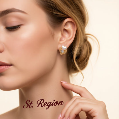 Crystal and Pearl 18K Gold-Plated Heart Stud Earrings, gold stud earrings for women, elegant gift for her, styled look