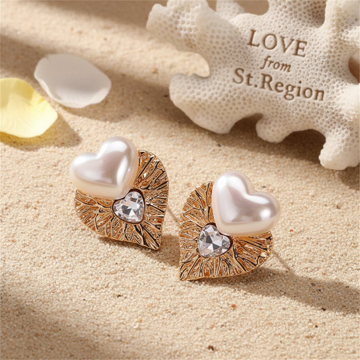 Crystal and Pearl 18K Gold-Plated Heart Stud Earrings, gold stud earrings for women, elegant gift for her, lifestyle look