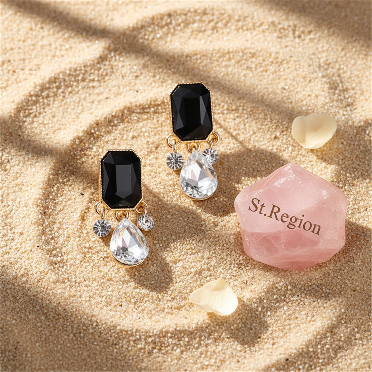 Black Crystal and Cubic Zirconia 18K Gold-Plated Teardrop Earrings, gold drop earrings for women, detail close-up