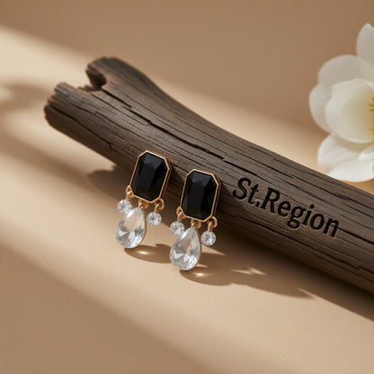 Black Crystal and Cubic Zirconia 18K Gold-Plated Teardrop Earrings, gold drop earrings for women, front view
