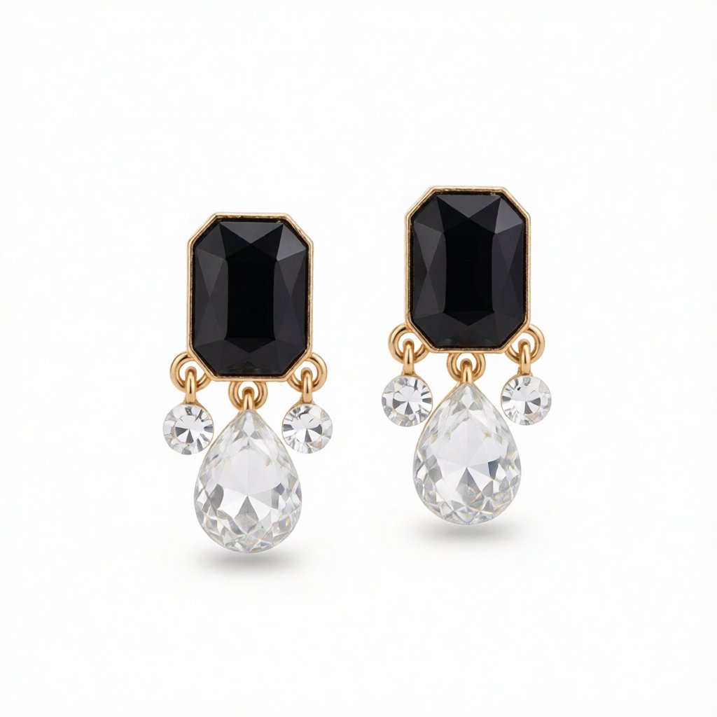 Black Crystal and Cubic Zirconia 18K Gold-Plated Teardrop Earrings, gold drop earrings for women, side view