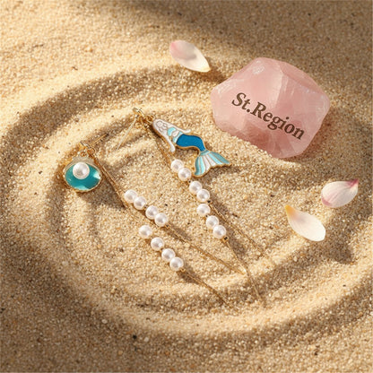 Pearl and Enamel 18K Gold-Plated Mermaid Drop Earrings, gold drop earrings for women, botanical inspired, detail close-up