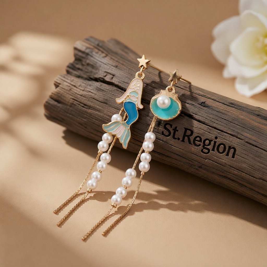 Pearl and Enamel 18K Gold-Plated Mermaid Drop Earrings, gold drop earrings for women, botanical inspired, front view