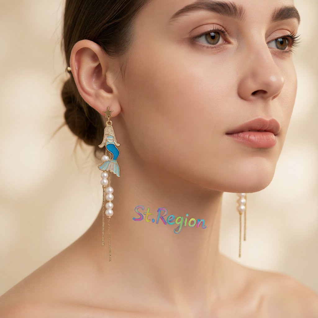 Pearl and Enamel 18K Gold-Plated Mermaid Drop Earrings, gold drop earrings for women, botanical inspired, styled look