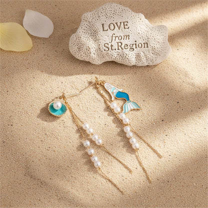 Pearl and Enamel 18K Gold-Plated Mermaid Drop Earrings, gold drop earrings for women, botanical inspired, lifestyle look