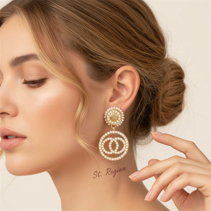 Pearl and 18K Gold-Plated Interlocked Drop Earrings, gold drop earrings for women, dainty minimalist design, styled look
