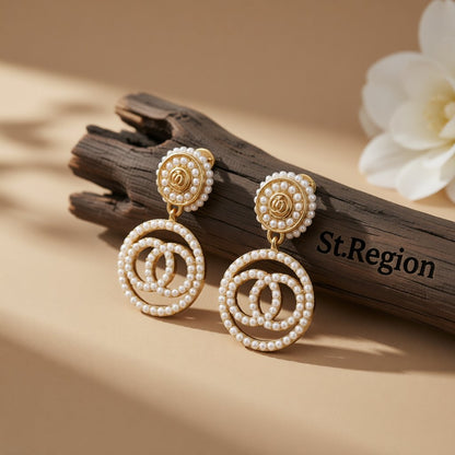Pearl and 18K Gold-Plated Interlocked Drop Earrings, gold drop earrings for women, dainty minimalist design, front view