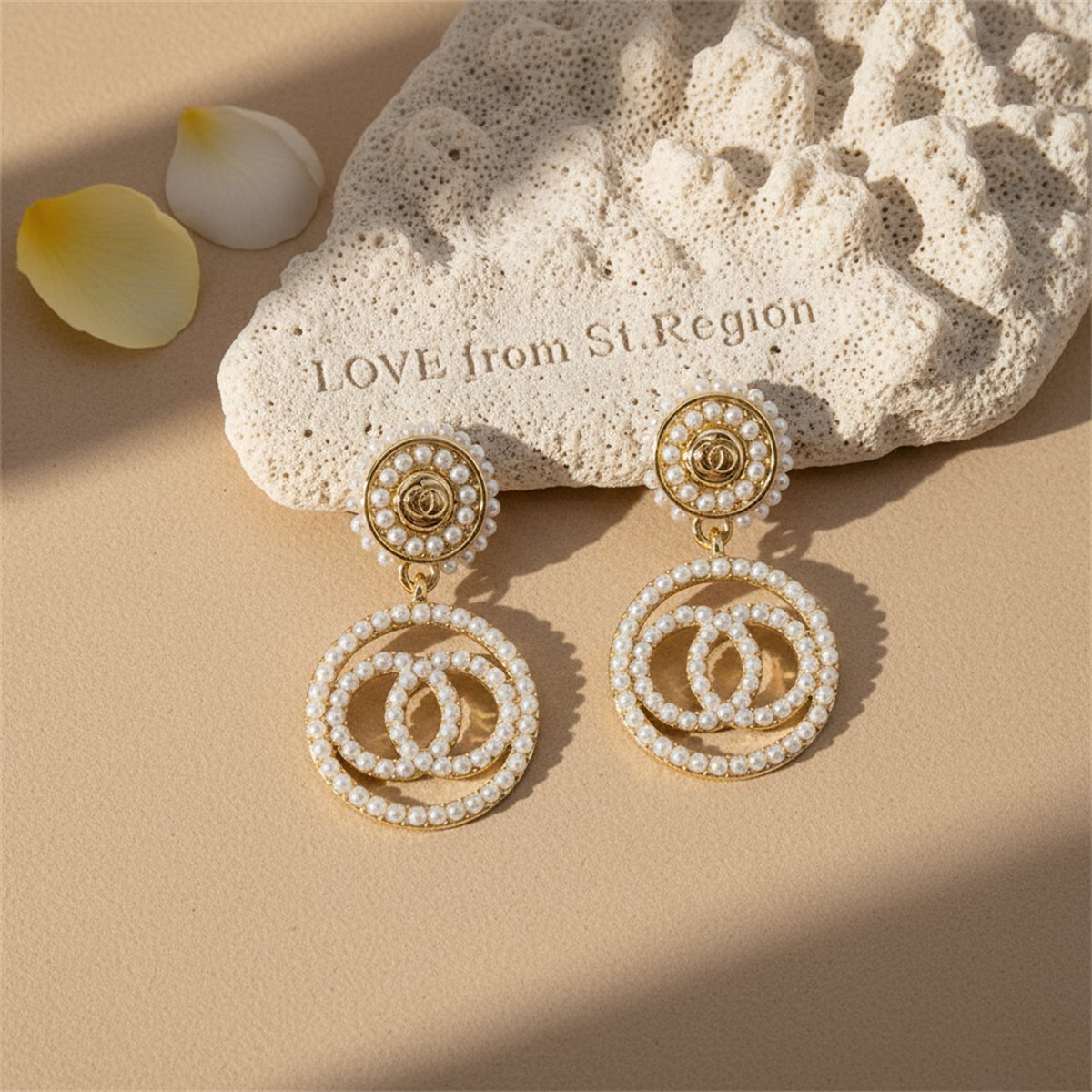 Pearl and 18K Gold-Plated Interlocked Drop Earrings, gold drop earrings for women, dainty minimalist design, lifestyle look