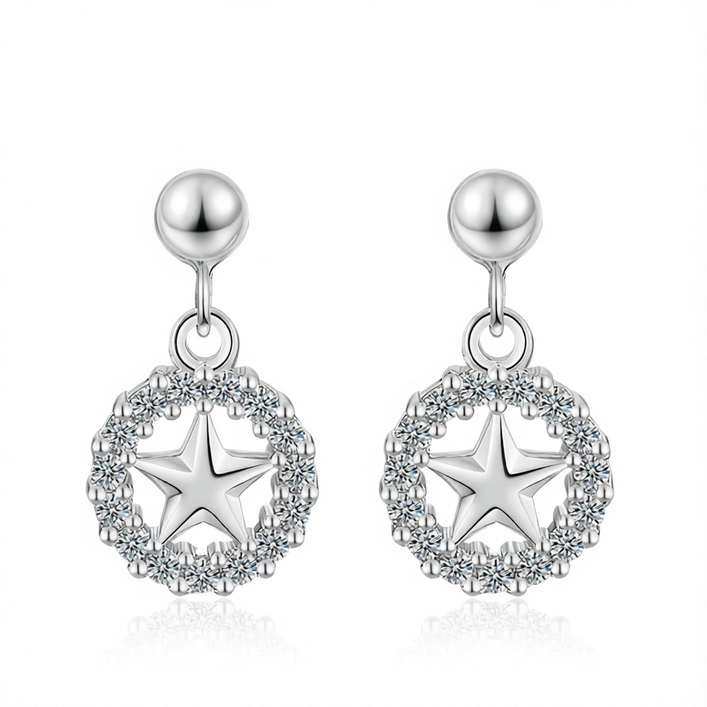 Cubic Zirconia & Silver-Plated Star & Circle Drop Earrings