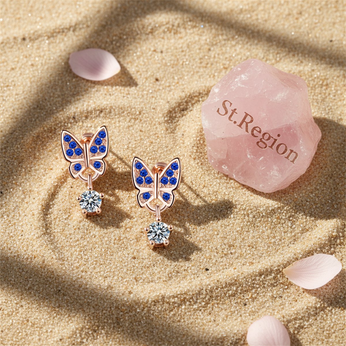 Cubic Zirconia and 18K Rose Gold-Plated Butterfly Drop Earrings, rose gold drop earrings for women, detail close-up