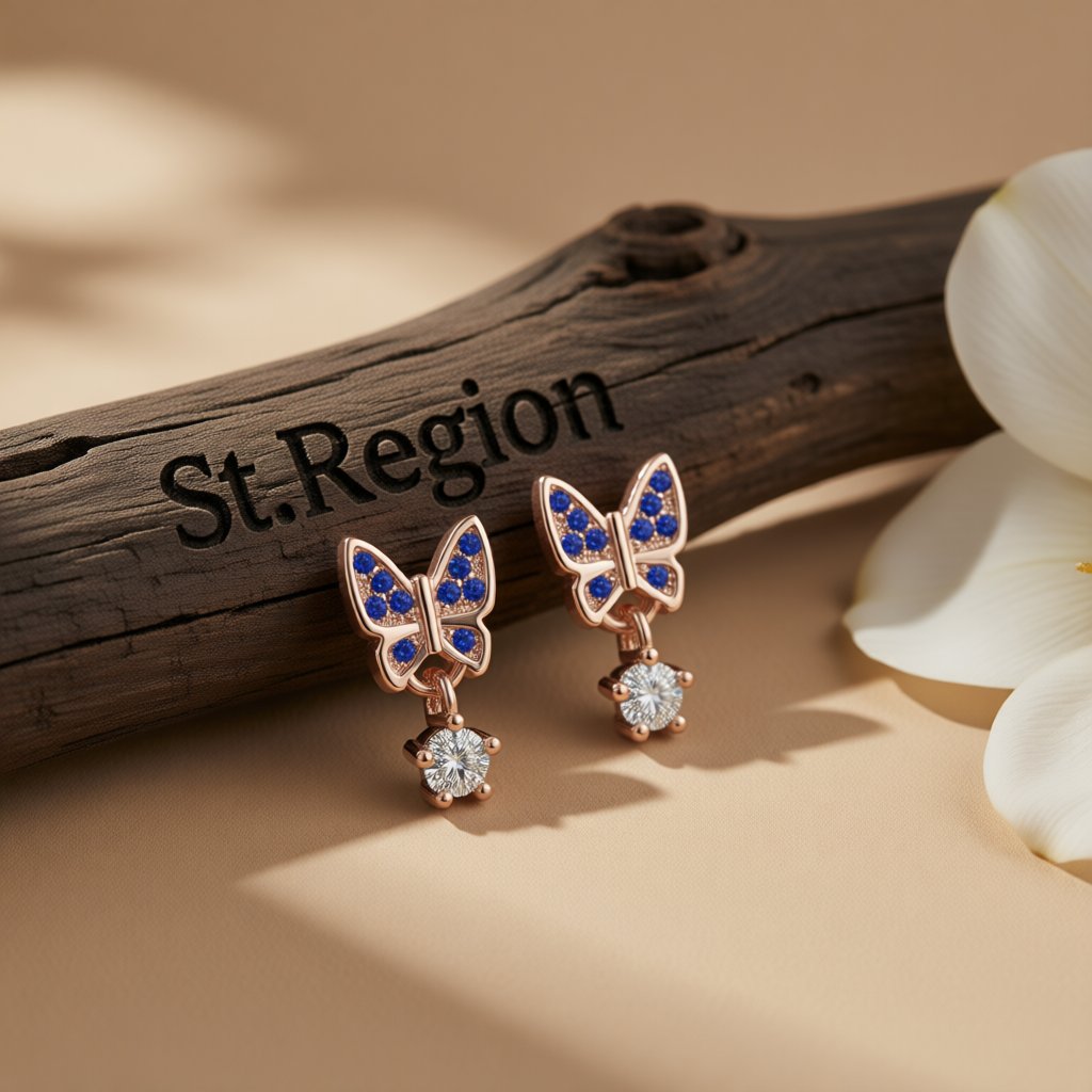 Cubic Zirconia and 18K Rose Gold-Plated Butterfly Drop Earrings, rose gold drop earrings for women, front view