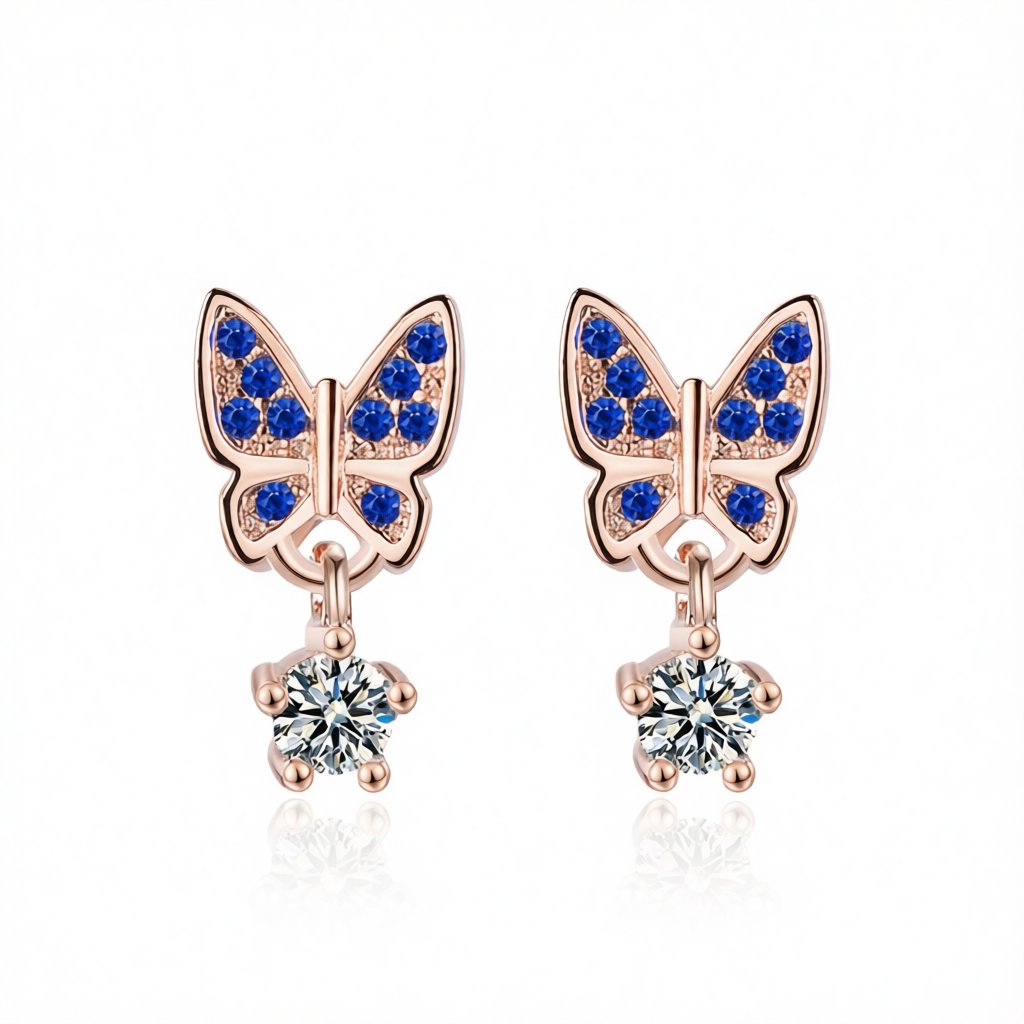 Cubic Zirconia and 18K Rose Gold-Plated Butterfly Drop Earrings, rose gold drop earrings for women, side view