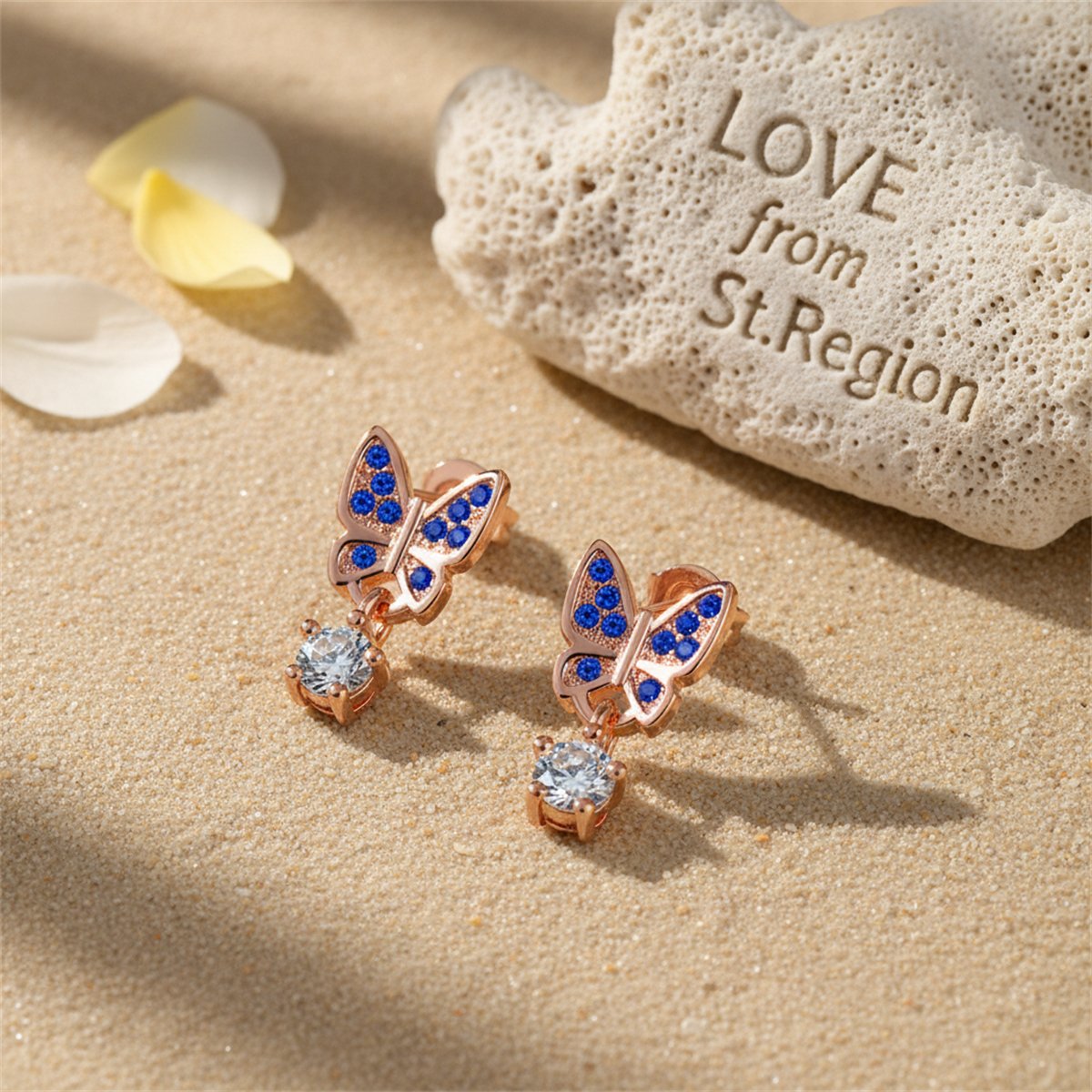 Cubic Zirconia and 18K Rose Gold-Plated Butterfly Drop Earrings, rose gold drop earrings for women, lifestyle look