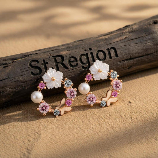 Opal & Cubic Zirconia Butterfly & Floral Stud Earrings