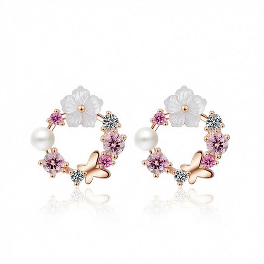 Opal & Cubic Zirconia Butterfly & Floral Stud Earrings