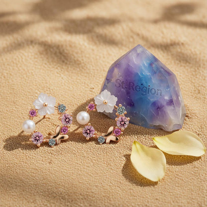 Opal & Cubic Zirconia Butterfly & Floral Stud Earrings