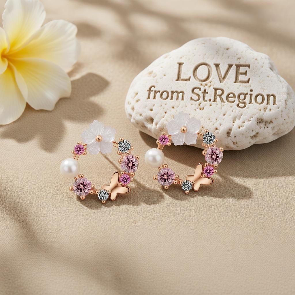 Opal & Cubic Zirconia Butterfly & Floral Stud Earrings