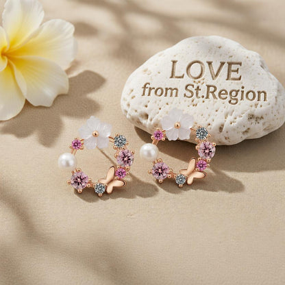 Opal & Cubic Zirconia Butterfly & Floral Stud Earrings