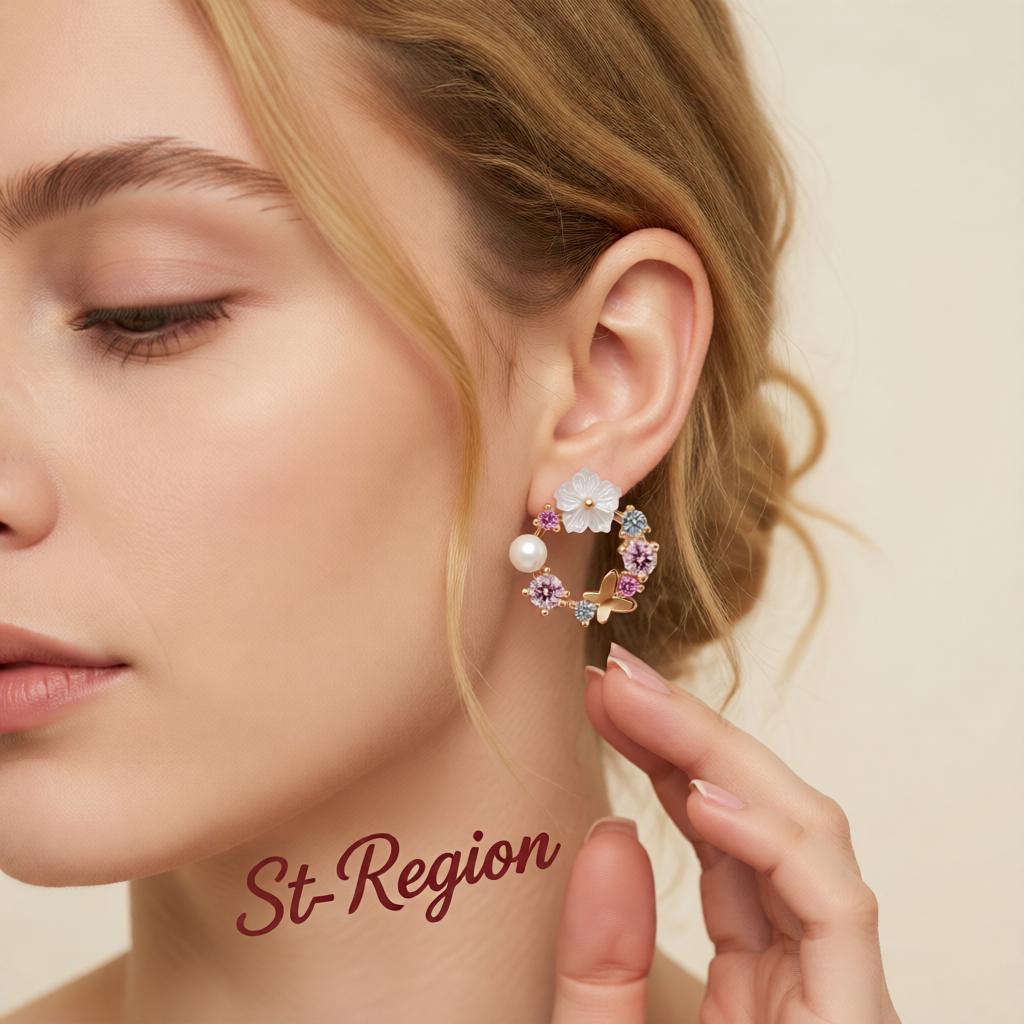 Opal & Cubic Zirconia Butterfly & Floral Stud Earrings