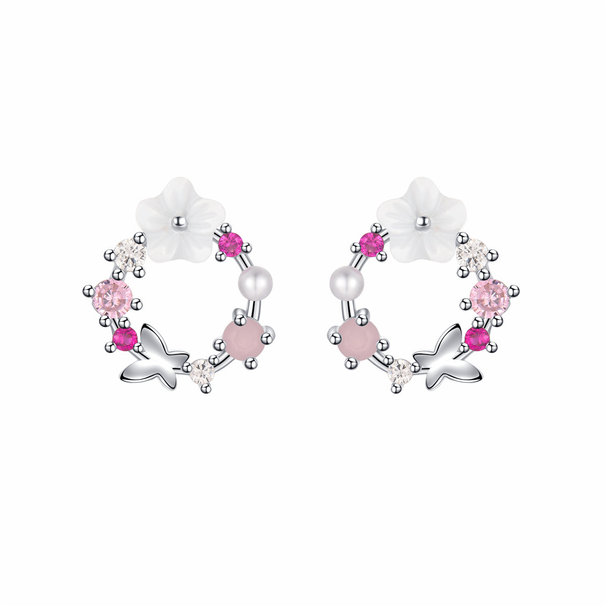 Beautiful pink flower earrings with white stones, highlighting opal and cubic zirconia in a butterfly and floral arrangement.